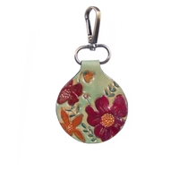 Round Leather Keychain with Printed Floral Drawings