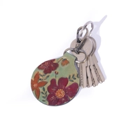 Round Leather Keychain with Printed Floral Drawings