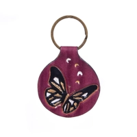 Purple Round Leather Keychain with Printed Drawings - Butterfly