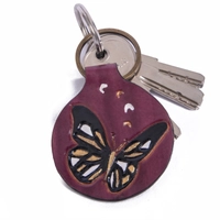 Purple Round Leather Keychain with Printed Drawings - Butterfly