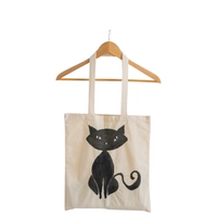 Beige Canvas Tote Bag with Hand Paintings - Black Cat