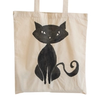 Beige Canvas Tote Bag with Hand Paintings - Black Cat