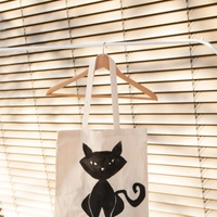 Beige Canvas Tote Bag with Hand Paintings - Black Cat