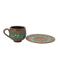 Brown Pottery Coffee Cup with Saucer - Colorful Hand Paintings