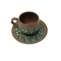 Brown Pottery Coffee Cup with Saucer - Colorful Hand Paintings