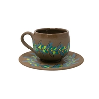 Brown Pottery Coffee Cup with Saucer - Colorful Hand Paintings