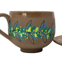 Brown Pottery Coffee Cup with Saucer - Colorful Hand Paintings