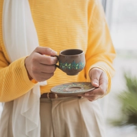 Brown Pottery Coffee Cup with Saucer - Colorful Hand Paintings