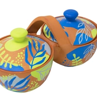 Brown Double Serving Bowl - Colorful Hand Paintings