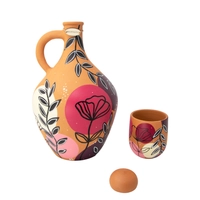 Earthenware Pottery Jar with Cup - Pink & Purple