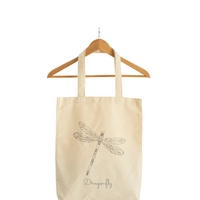 Beige Canvas Tote Bag with Printed Design - Dragonfly