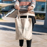 Beige Canvas Tote Bag with Printed Design - Dragonfly