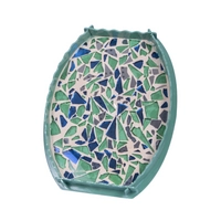 Green Oval Wooden Tray Decorated with Colorful Glass Pieces
