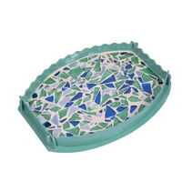 Green Oval Wooden Tray Decorated with Colorful Glass Pieces