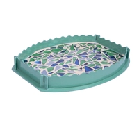 Green Oval Wooden Tray Decorated with Colorful Glass Pieces