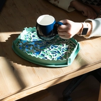 Green Oval Wooden Tray Decorated with Colorful Glass Pieces
