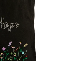 Black Canvas Tote Bag with Embroidered Floral Design - Hope