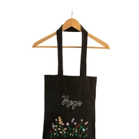 Black Canvas Tote Bag with Embroidered Floral Design - Hope