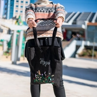 Black Canvas Tote Bag with Embroidered Floral Design - Hope