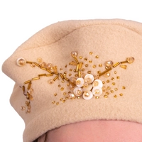 Beige Wool Beret and Scarf Set - Beaded Floral Design