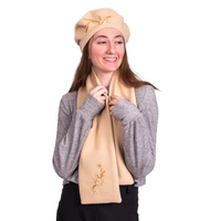 Beige Wool Beret and Scarf Set - Beaded Floral Design