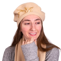 Beige Wool Beret and Scarf Set - Beaded Floral Design