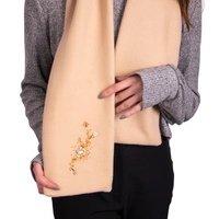 Beige Wool Beret and Scarf Set - Beaded Floral Design