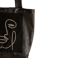 Black Leather Tote Bag with Hand Embroidery - Woman