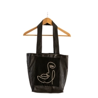 Black Leather Tote Bag with Hand Embroidery - Woman