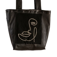 Black Leather Tote Bag with Hand Embroidery - Woman