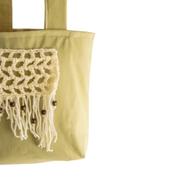 Pistachio Green Tote Bag with Off-White Macrame & Wood Art