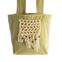 Pistachio Green Tote Bag with Off-White Macrame & Wood Art