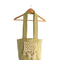 Pistachio Green Tote Bag with Off-White Macrame & Wood Art