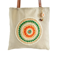 Beige Burlap Tote Bag with Crochet Decoration