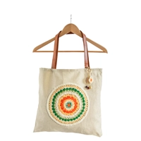 Beige Burlap Tote Bag with Crochet Decoration