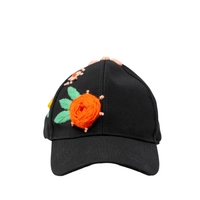 Hand-Embroidered Black Baseball Cap - Colorful Flowers