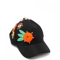 Hand-Embroidered Black Baseball Cap - Colorful Flowers