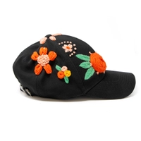 Hand-Embroidered Black Baseball Cap - Colorful Flowers