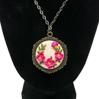 Handmade Fimo Clay Necklace with Fuschia Floral Design 