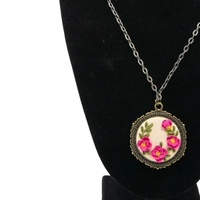 Handmade Fimo Clay Necklace with Fuschia Floral Design 