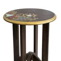 Luxurious Brown Wooden Side Table Decorated with Wonderful Graphics and Beautiful Colors