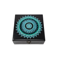 Black Wooden Box Adorned with Turquoise Mandala Drawings