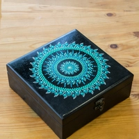 Black Wooden Box Adorned with Turquoise Mandala Drawings