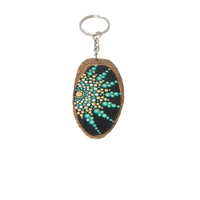 Wooden Keychain Adorned with Colorful Mandala Drawings - Green