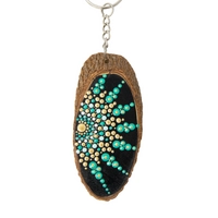 Wooden Keychain Adorned with Colorful Mandala Drawings - Green