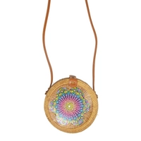 Straw Circular Bag Adorned with Colorful Mandala Patterns