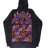 Black Hoodie with Hand Embroideries of Palestinian Map and Names of Its Cities