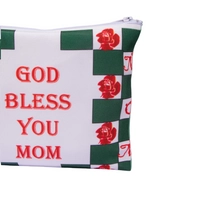 White Handmade Purse Decorated with Red Roses Drawings and the Phrase "God Bless You Mom"