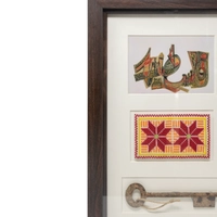 Rectangular Wooden Frame with a White Background and Three Photos symbolizing Palestine  