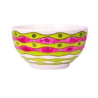 Small White Ceramic Bowl Adorned with Colorful Hand-drawn Patterns on the Outside and a Flower on the Inside